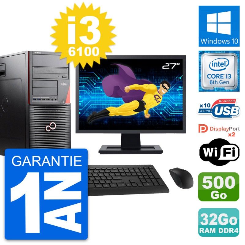 Fujitsu W550n MT Desktop PC - 27" Screen, i3-6100, 32GB RAM, 500GB HDD, Windows 10, WiFi