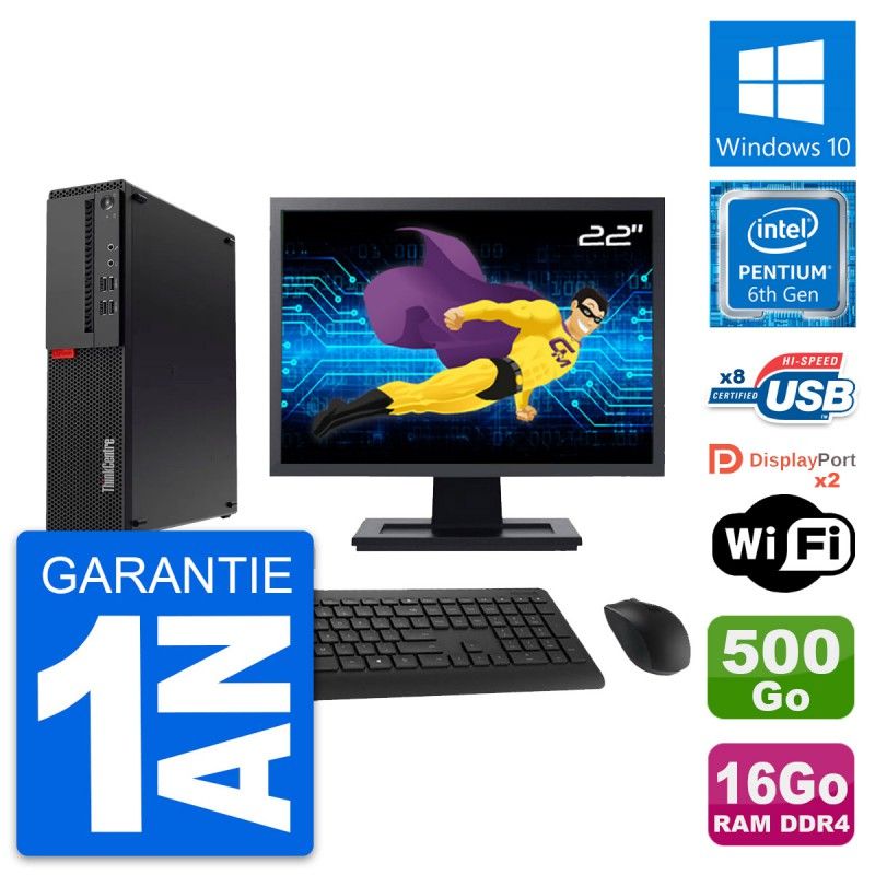 Lenovo M910s SFF Desktop PC - 22" Screen, Intel G4400, 16GB RAM, 500GB SSD, Windows 10, WiFi