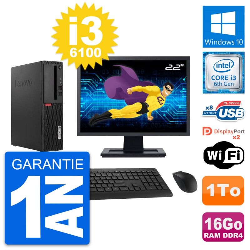 Lenovo M910s SFF PC - 22" Screen, Intel i3-6100, 16GB RAM, 1TB HDD, WiFi