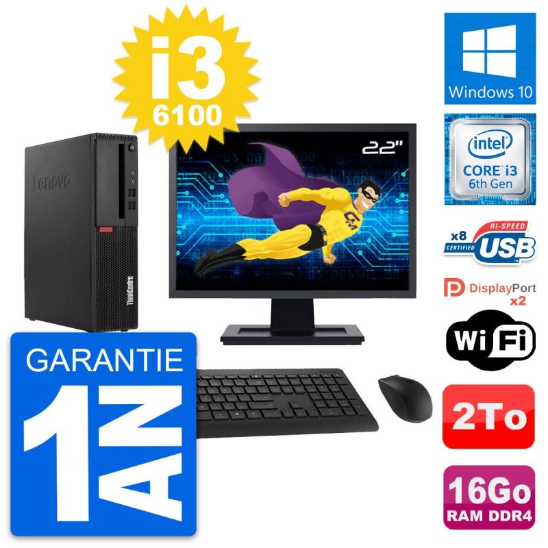 Lenovo M910s SFF Desktop PC | 22' Screen | Intel i3-6100 | 16GB RAM | 2TB Storage