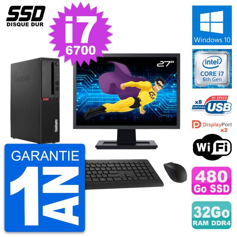 Lenovo M910s SFF Desktop Computer - 27" Screen, Intel i7-6700, 32GB RAM, 480GB SSD