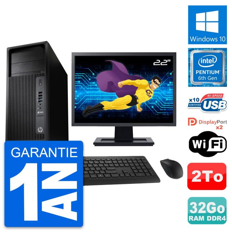 HP Z240 MT Workstation PC - 22" Screen, Intel Pentium G4400, 32GB RAM, 2TB HDD, Windows 10