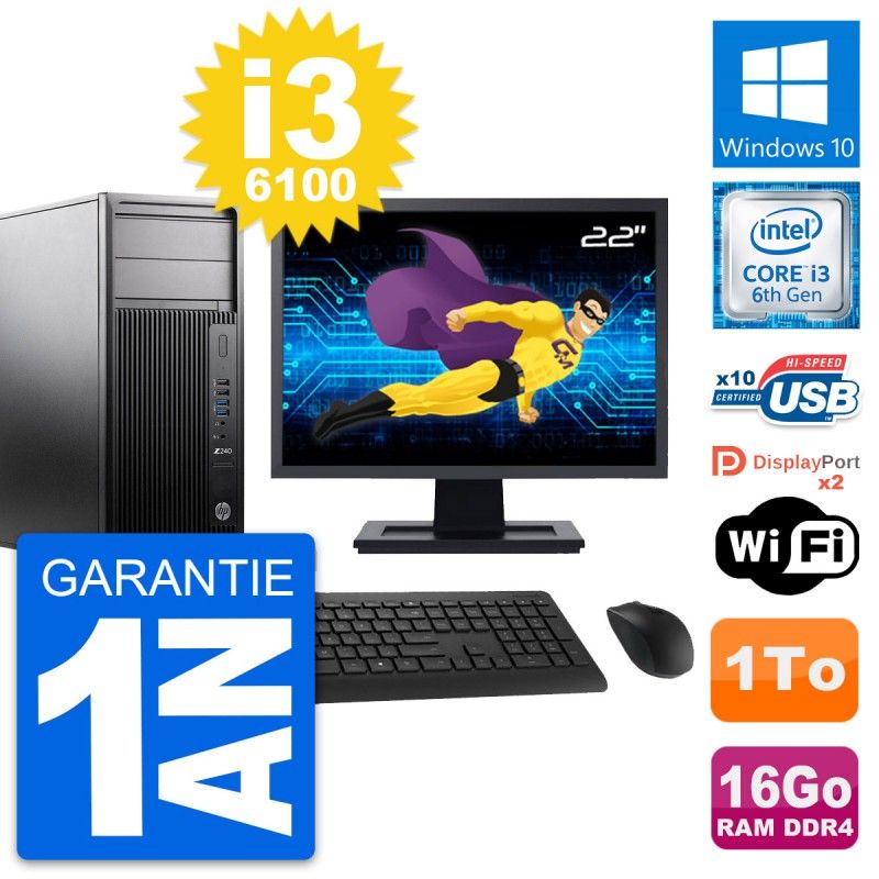 HP Z240 MT Desktop PC - 22" Screen, Intel i3-6100, 16GB RAM, 1TB HDD, Windows 10, WiFi
