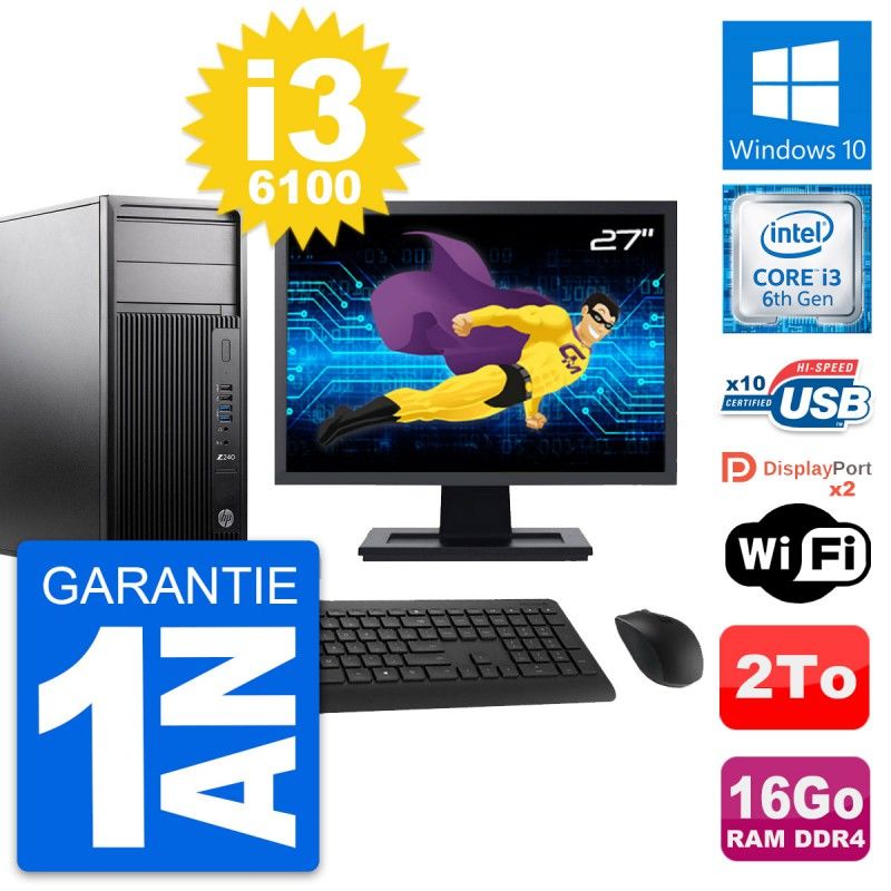 HP Z240 MT Desktop Computer - 27" Screen, Intel i3-6100, 16GB RAM, 2TB HDD, Windows 10, WiFi