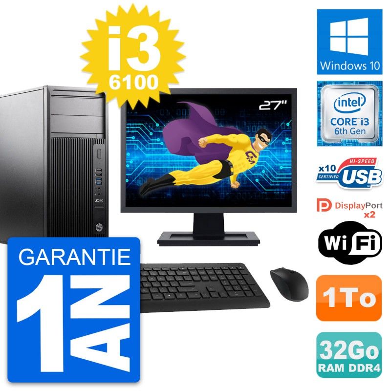 HP Z240 MT Workstation Computer, 27" Screen, Intel i3-6100, 32GB RAM, 1TB HDD, Windows 10, WiFi