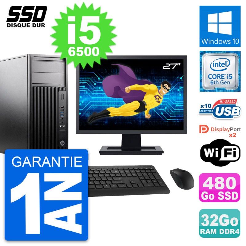 HP WorkStation Z240 Desktop PC - 27" Screen, i5-6500, 32GB RAM, 480GB SSD, Windows 10, Wifi