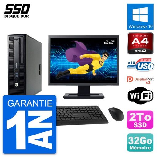 HP EliteDesk 705 G1 SFF Desktop Computer, 22" Screen, AMD A4 PRO-7300B, 32GB RAM, 2TB SSD, Windows 10, WiFi