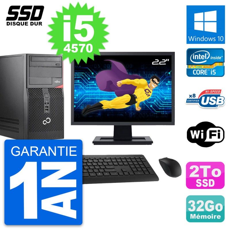 Fujitsu P520 MT Desktop PC - 22" Screen, Intel i5-4570, 32GB RAM, 2TB SSD, Windows 10, WiFi