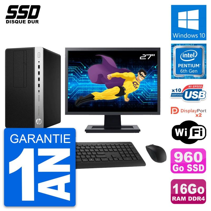 HP ProDesk 600 G3 MT Desktop Computer, 27" Screen, Intel Pentium G4400, 16GB RAM, 960GB SSD, Windows 10, WiFi