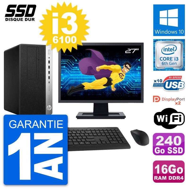 HP ProDesk 600 G3 Desktop Computer, 27" Screen, i3-6100, 16GB RAM, 240GB SSD, Windows 10, Wifi
