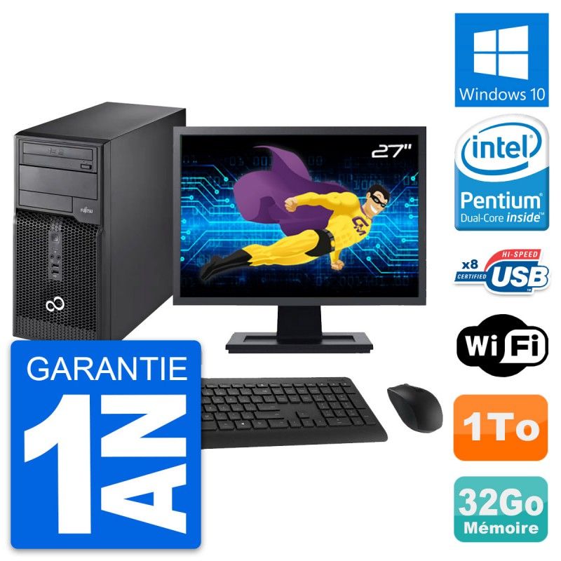 Tour PC Fujitsu P510 - Processeur Pentium G2020, 32 Go de RAM, 1 To HDD, Windows 10, WiFi