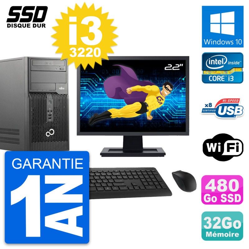 Fujitsu P510 22-Inch PC Tower - Intel i3-3220, 32GB RAM, 480GB SSD, Windows 10