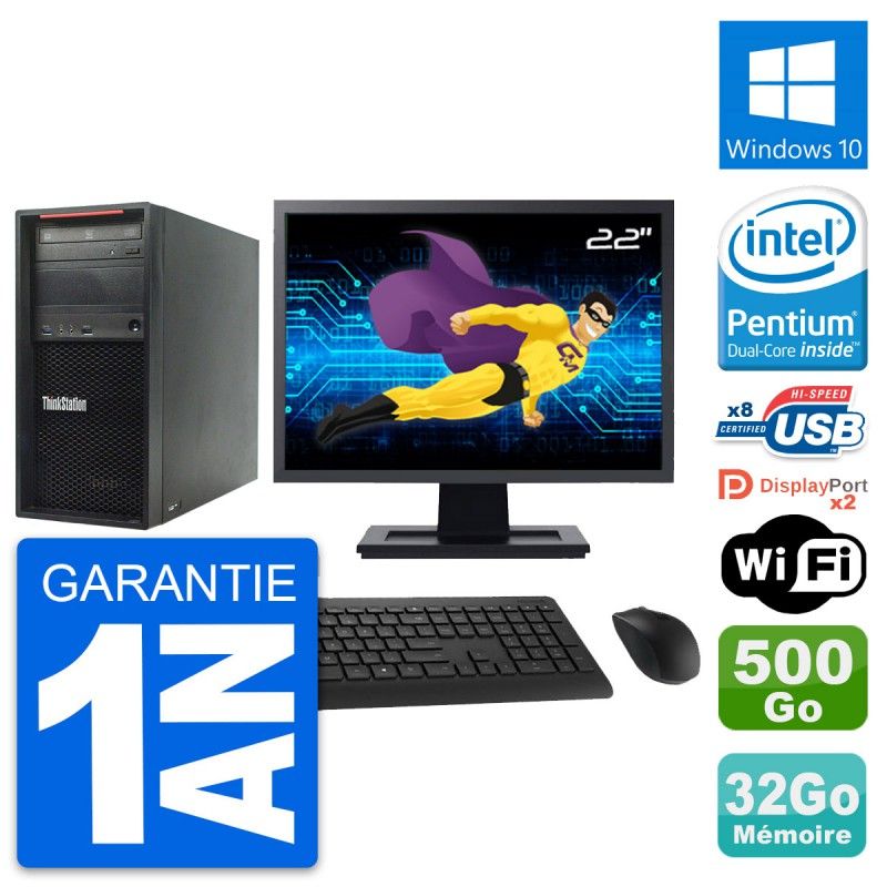 Lenovo ThinkStation P300 Desktop Computer, 22" Screen, Intel Pentium G3220, 32GB RAM, 500GB HDD, Windows 10, WiFi