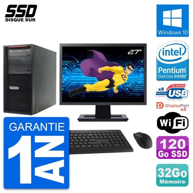 Ordinateur de bureau Lenovo ThinkStation P300, écran 27'', processeur Intel Core i5-3220, 32 Go de RAM, 120 Go SSD, Windows 10, Wi-Fi