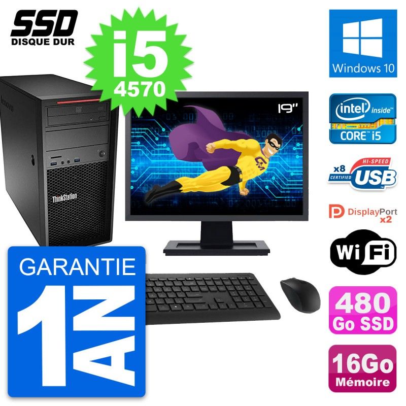 Ordinateur de bureau Lenovo P300, écran 19'', processeur Intel i5-4570, 16 Go de RAM, 480 Go SSD, Windows 10, WiFi