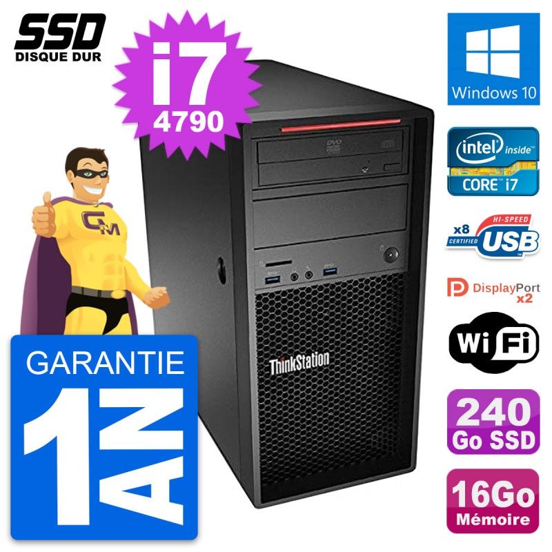 Ordinateur de bureau Lenovo ThinkStation P300, Intel Core i7-4790, 16 Go RAM, 240 Go SSD, Windows 10, Wifi