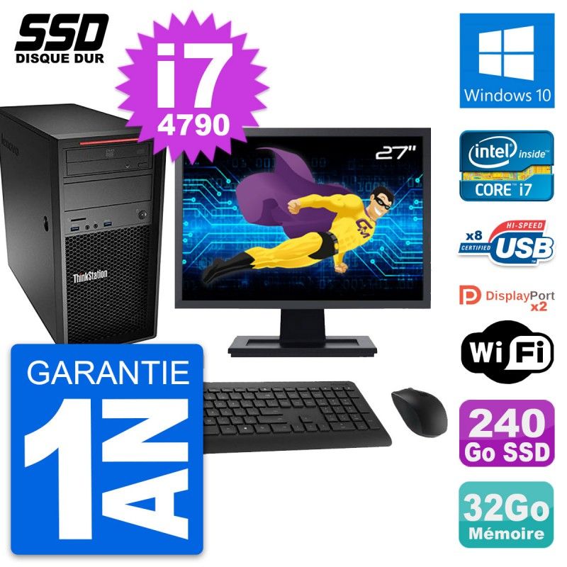 Lenovo P300 Tower PC - 27inch Display, Intel i7-4790, 32GB RAM, 240GB SSD, Windows 10, Wifi