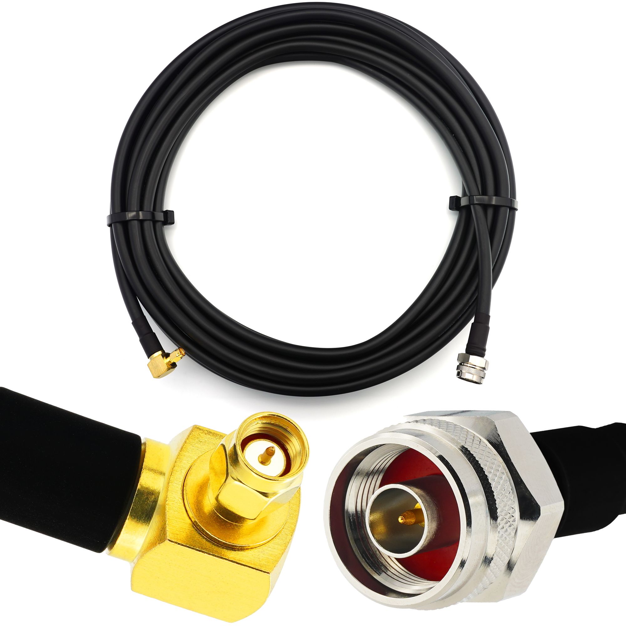 Câble coaxial flexible de 10 mètres N mâle (Hex) vers SMA mâle à angle droit de 90 degrés, étanche IP67 - HF400 UF Double blindage avec gaine en PVC noir non contaminante
