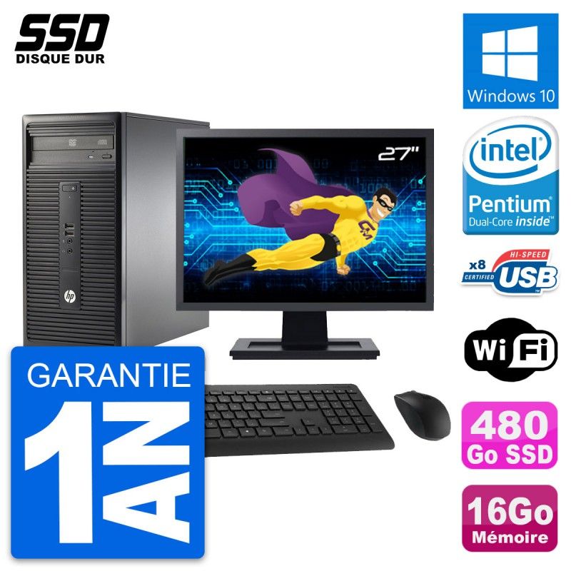 HP 280 G1 MT Desktop PC - 27" Screen, Pentium G3220, 16GB RAM, 480GB SSD, Windows 10, WiFi