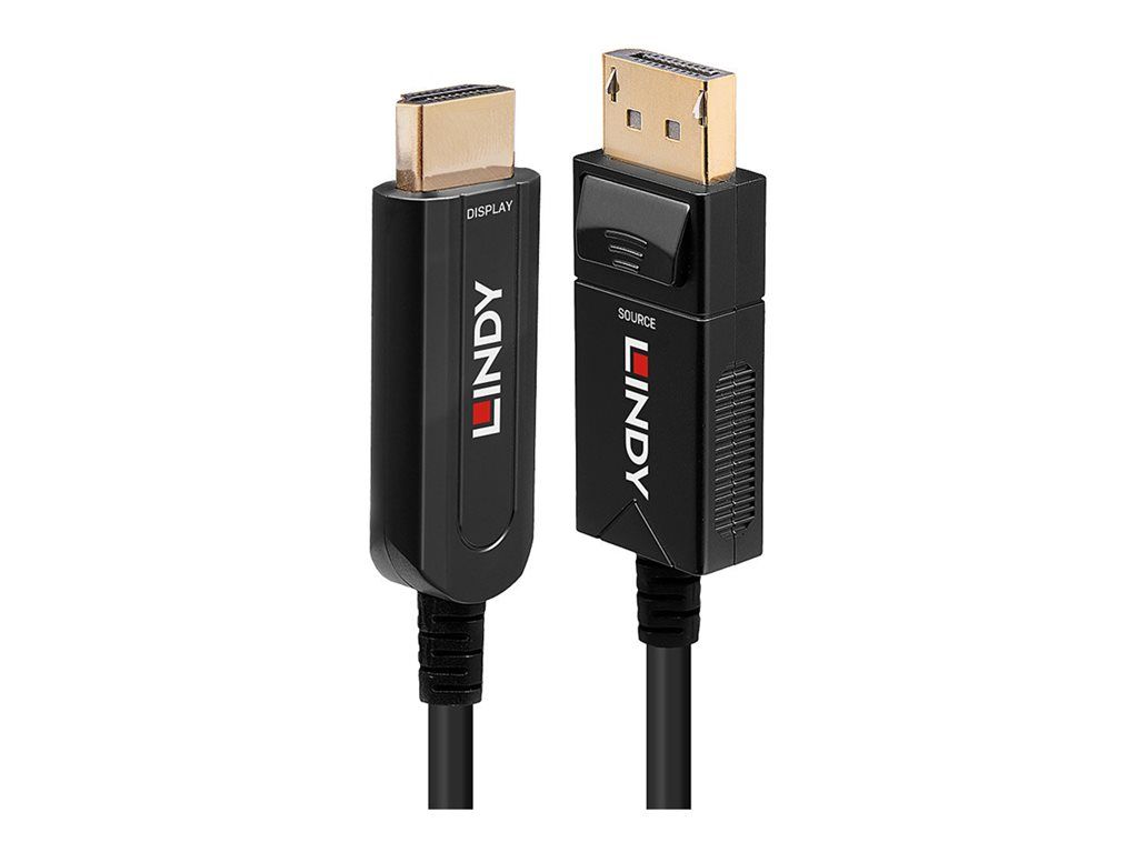 Adaptateur câble Lindy - DisplayPort mâle vers HDMI mâle - 30 m - cuivre hybride/fibre optique - noir - rond, compatible 4K