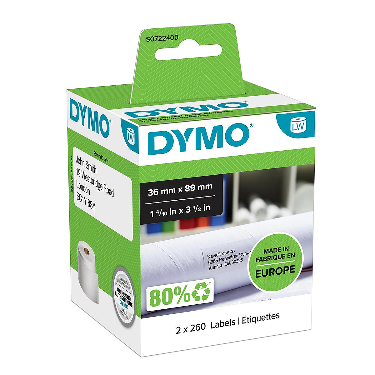 Lot de 2 rouleaux d'étiquettes adresses larges Dymo pour LabelWriter - 89 x 36 mm