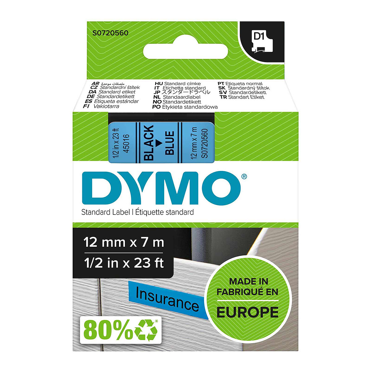 Dymo Standard D1 Tape, Black on Blue, 12mm x 7m