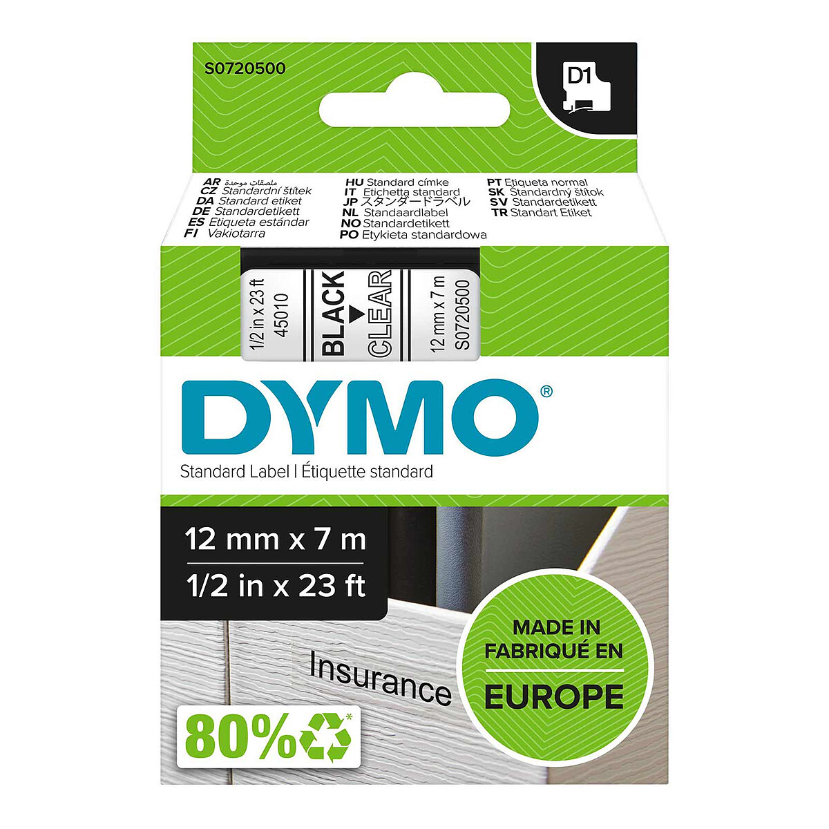 Ruban Dymo D1 Standard - Noir/Transparente 12 mm - 7 m
