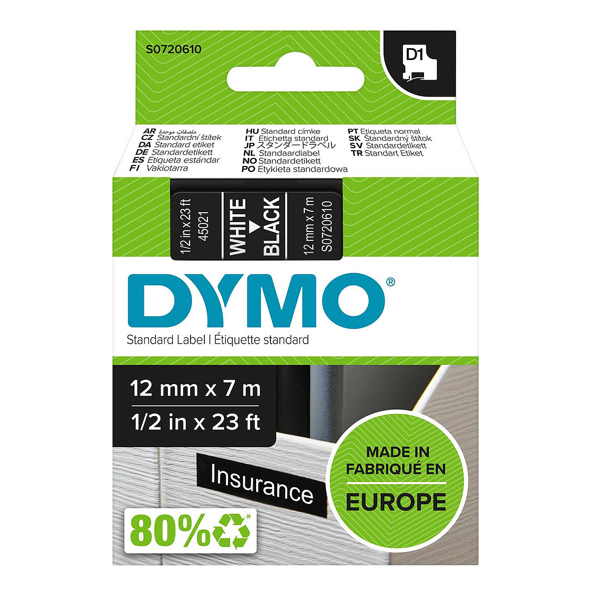 Dymo D1 Standard White on Black Label, 12mm x 7m