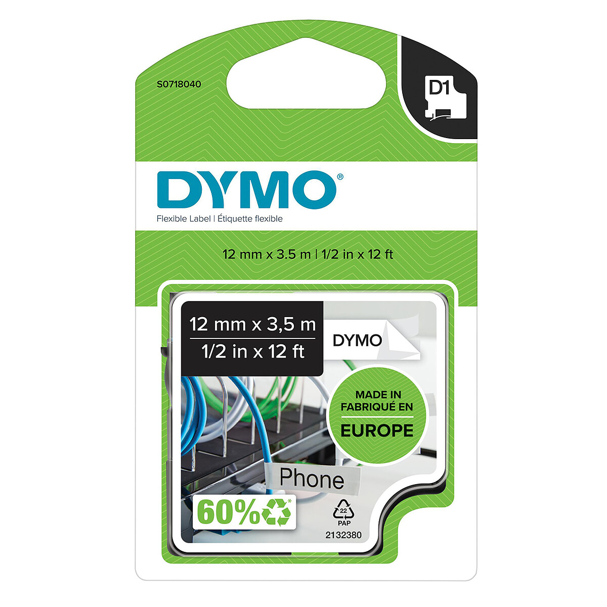Dymo D1 Flexible Tape - Black/White 12mm - 3.5m