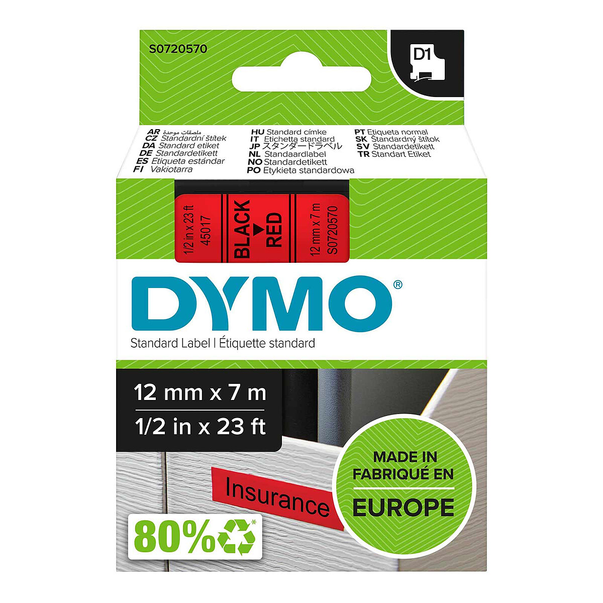Ruban Dymo D1 Standard - Noir/Rouge, 12 mm x 7 m