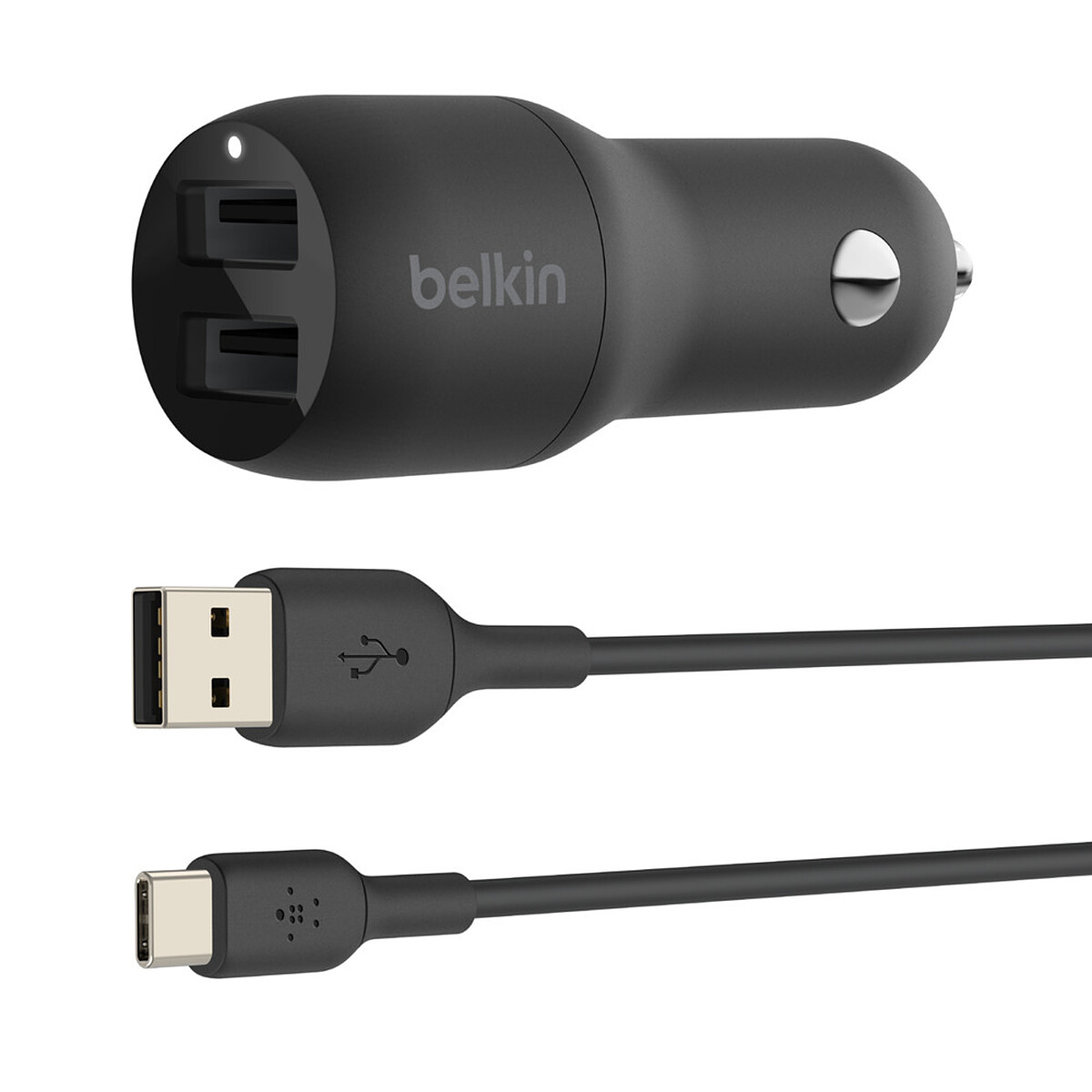 Cargador para coche Belkin Boost Charge con 2 puertos USB-A (24W) y cable USB-A a USB-C de 1 m