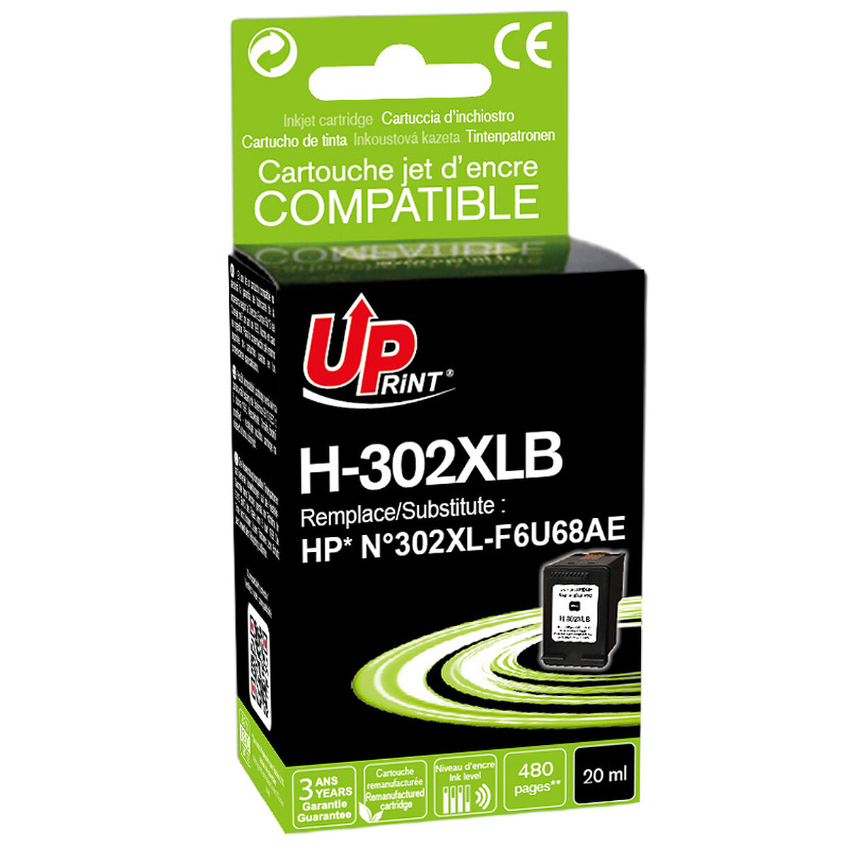 Cartouche d'encre noire Uprint compatible HP 302 XL F6U68AE