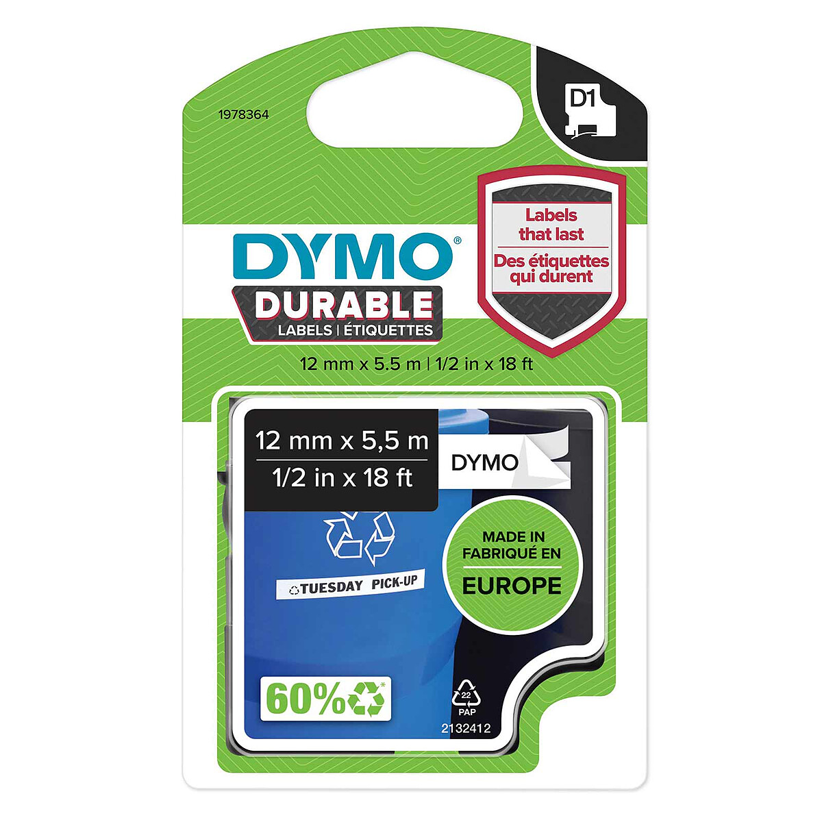 Dymo Standard D1 Label Tape, Black on White, 12mm x 5.5m