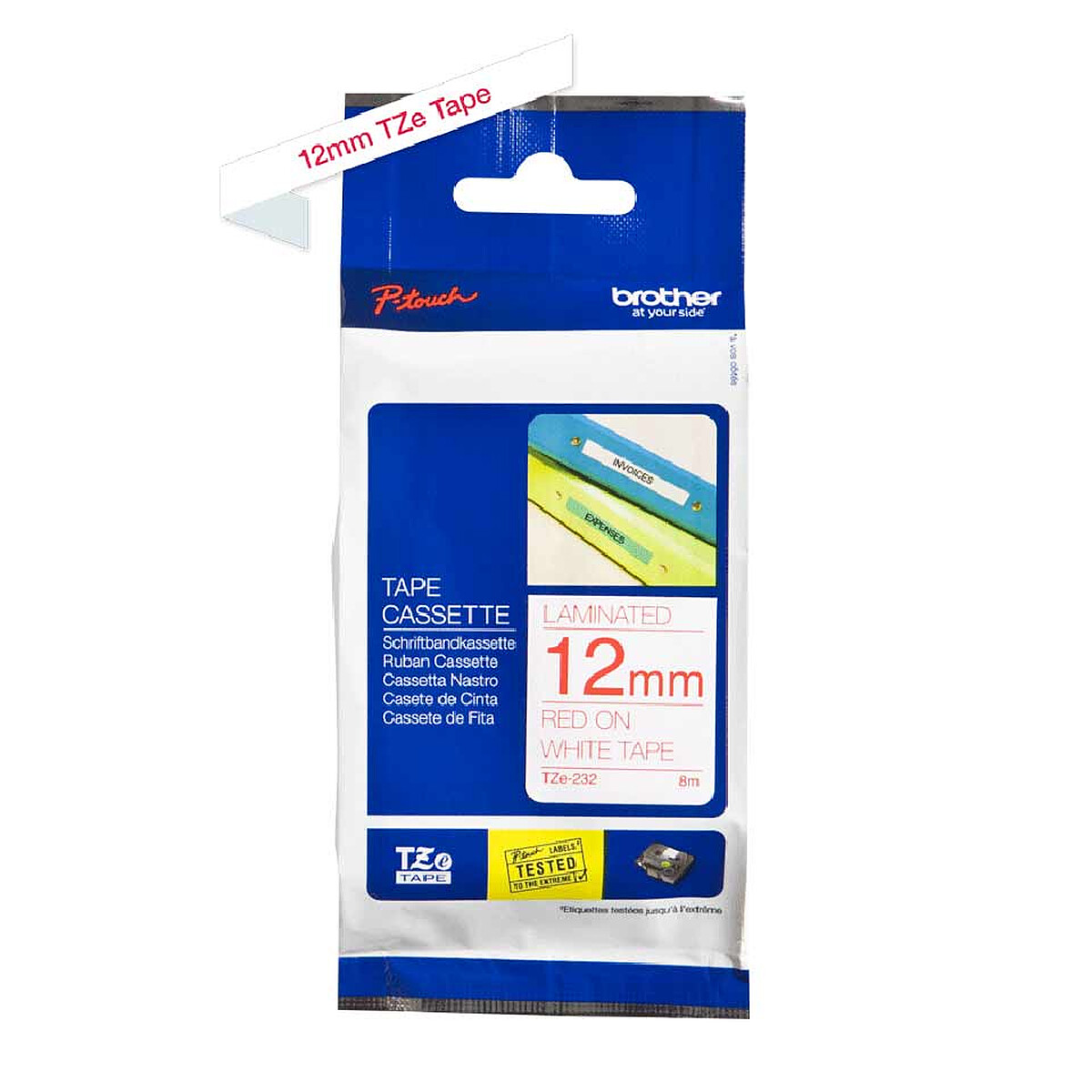 Brother TZe-232 Tape, 12mm Red/White, 8m