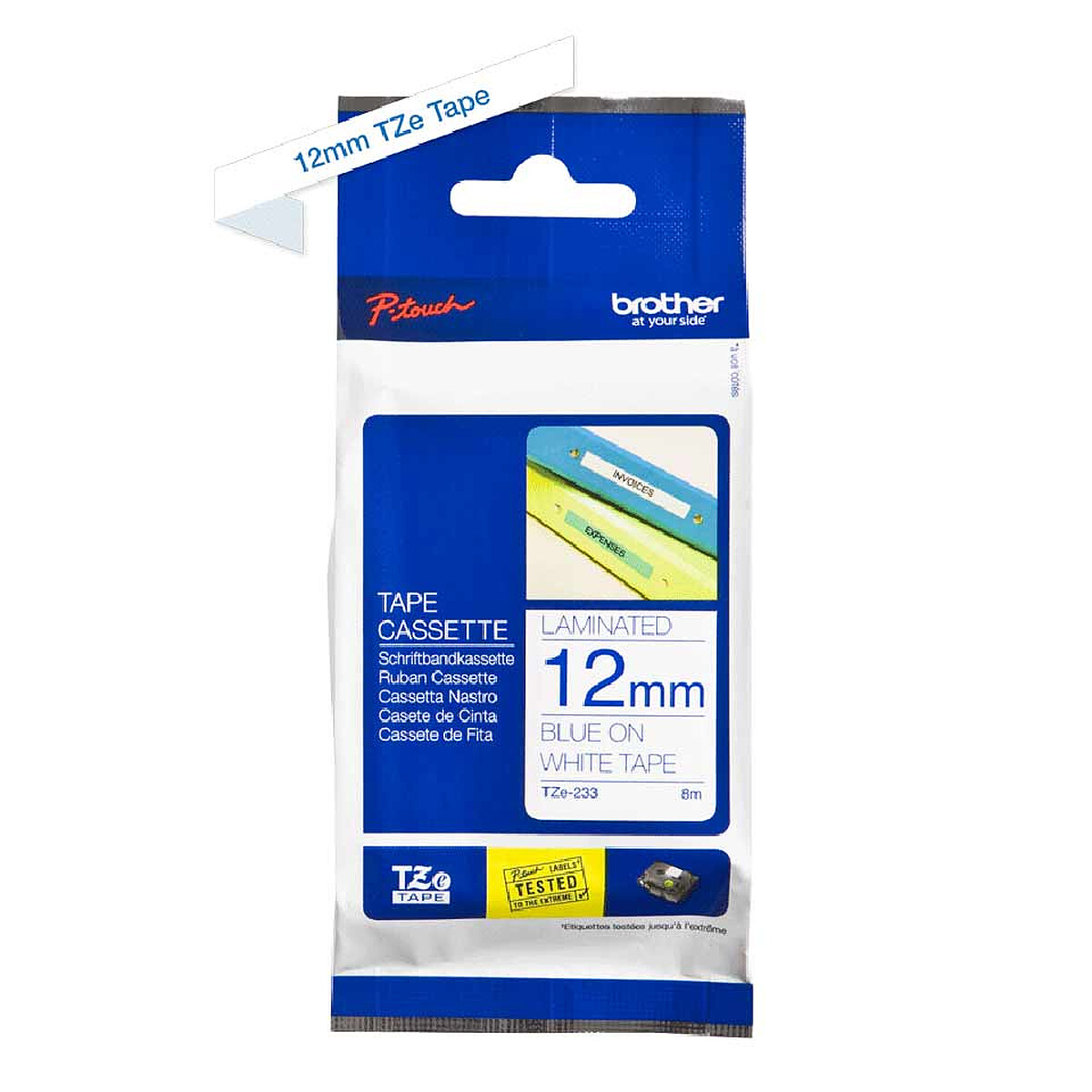 Ruban Brother TZe-233, 12 mm Bleu/Blanc, 8 m