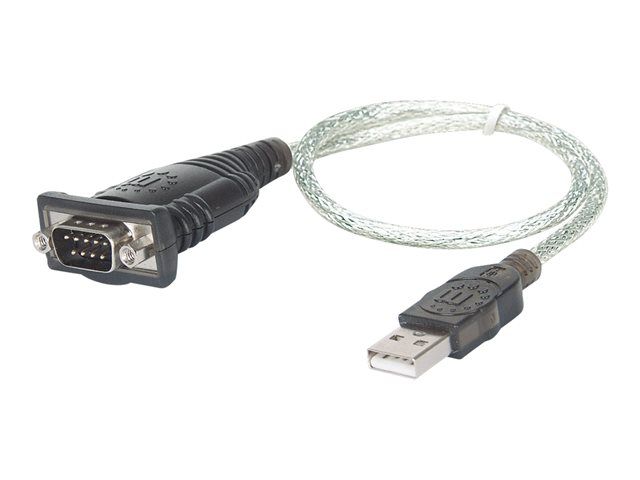 Manhattan USB-A to Serial Converter Cable, 45cm, Male to Male, RS232/COM/DB9, Prolific PL-2303RA Chip, Black/Silver, Three Year Warranty