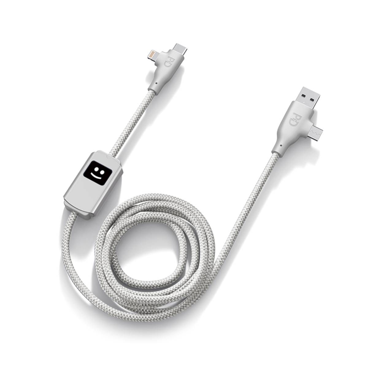 Câble de charge et de transfert XOOPAR 4 en 1 USB A+C / USB C+Lightning, Gris clair