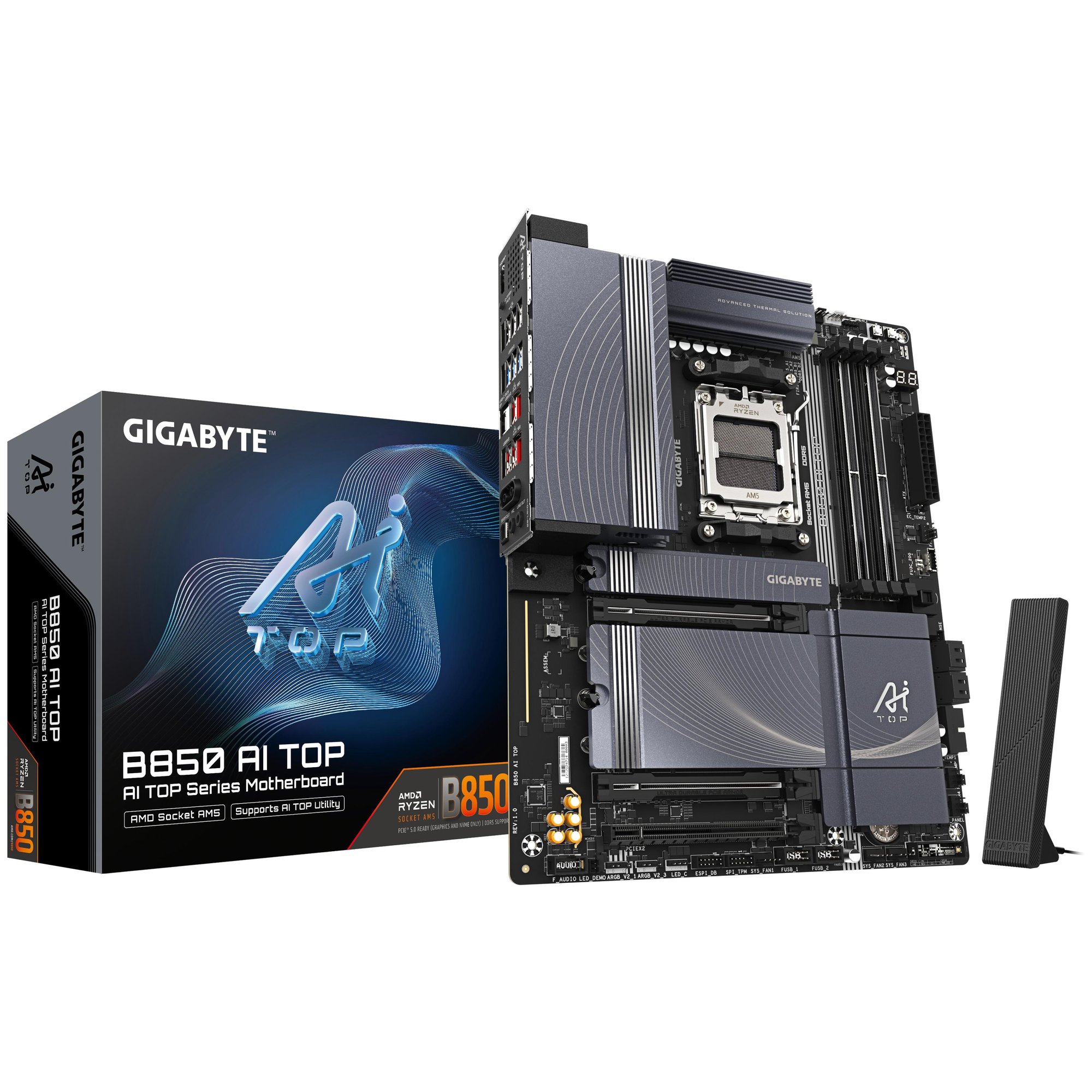 Gigabyte B850 AI Top Motherboard - AMD Ryzen 9000 Series Processors, 16+2+2 Digital VRM Phases, Up to 8600MHz DDR5 (OC), 2x PCIe 5.0 + 1x PCIe 4.0 M.2, 10GbE LAN, Wi-Fi 7, USB 3.2 Gen 2x2
