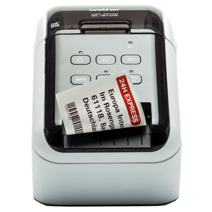 Imprimante à étiquettes Brother QL-810W - Deux couleurs (monochrome) - Thermique directe - Rouleau (6,2 cm) - 300 x 600 ppp - Jusqu'à 110 étiquettes/minute - USB 2.0, Wi-Fi(n) - Coupeur - Noir, Blanc