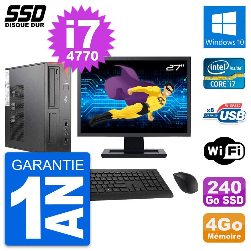 Fujitsu E520 DT 27" Display, Intel i7-4770, 4GB RAM, 240GB SSD, Windows 10, Wifi