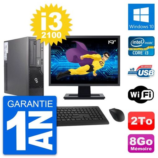 PC de escritorio Fujitsu E500 DT - Pantalla de 19 pulgadas, Intel i3, 8 GB de RAM, Disco duro de 2 TB, Windows 10, WiFi