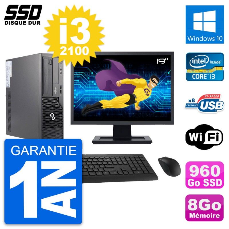 Fujitsu E500 E85+ DT 19-Inch PC - i3-2100, 8GB RAM, 960GB SSD, Windows 10, Wifi