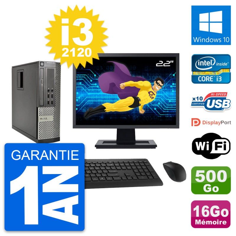 Dell Optiplex 990 SFF Computer - 22" Screen, Intel i3-2120, 16GB RAM, 500GB HDD, Windows 10, WiFi