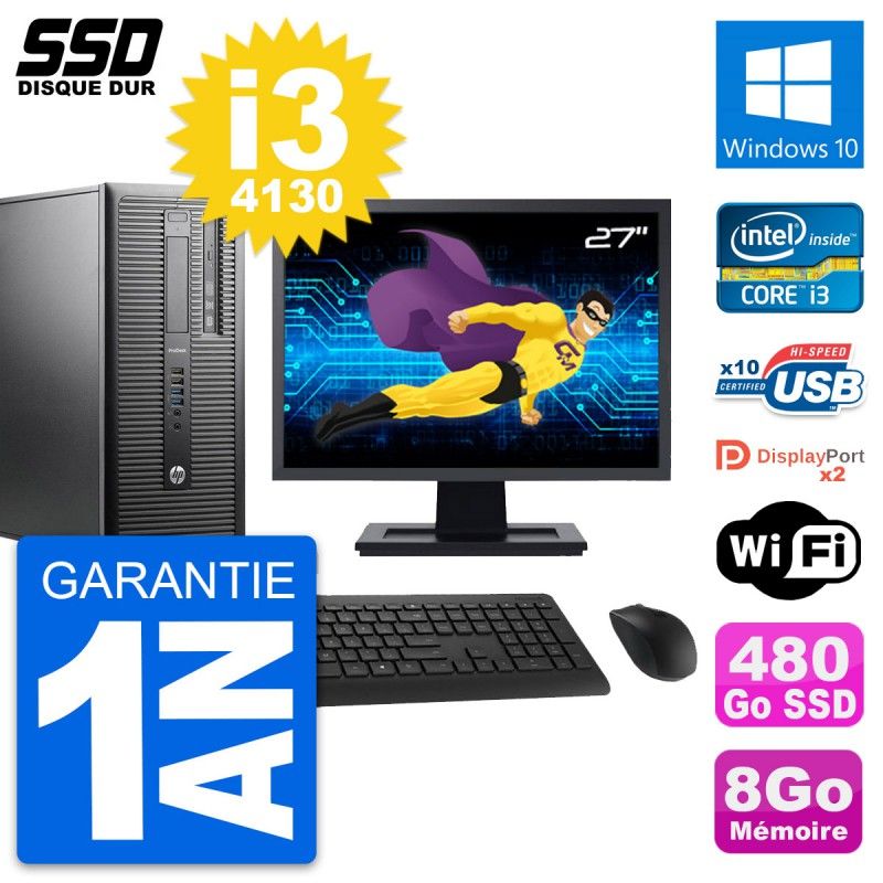 HP ProDesk 600 G1 Desktop Computer, 27" Screen, Intel Core i3-4130, 8GB RAM, 480GB SSD, Windows 10, WiFi