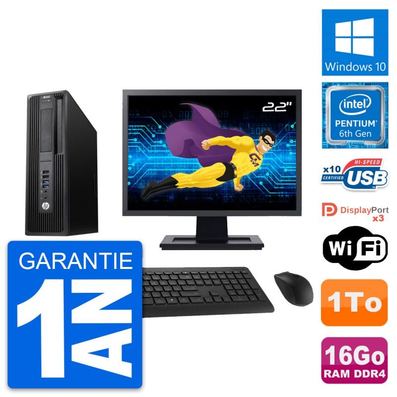 HP Z240 SFF Desktop Computer, 22" Screen, Intel Pentium G4400, 16GB RAM, 1TB HDD, Windows 10, WiFi