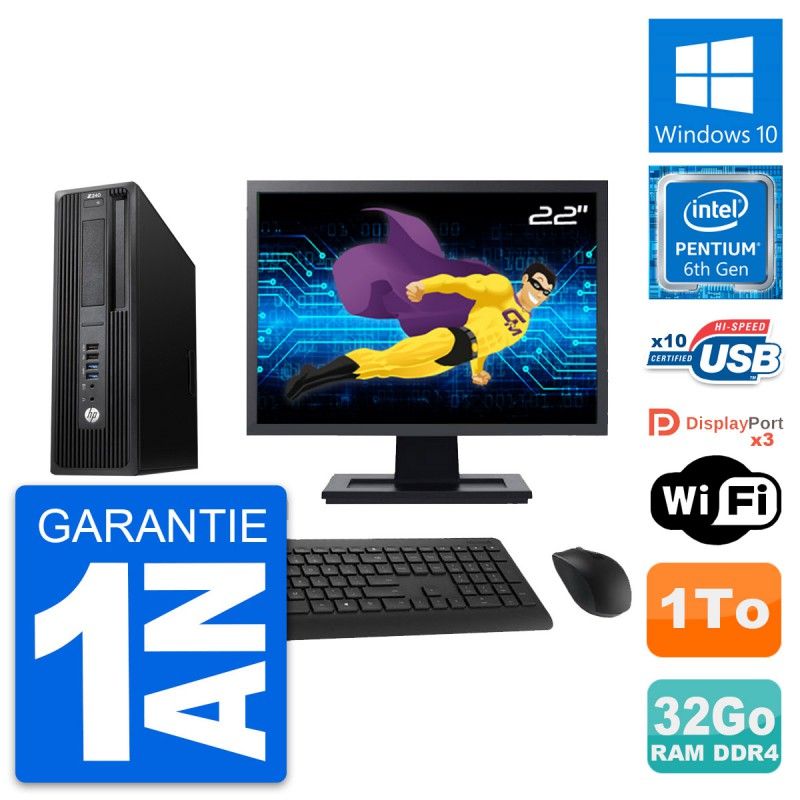 HP Z240 SFF Desktop Computer, 22" Screen, Intel Pentium G4400, 32GB RAM, 1TB HDD, Windows 10, WiFi