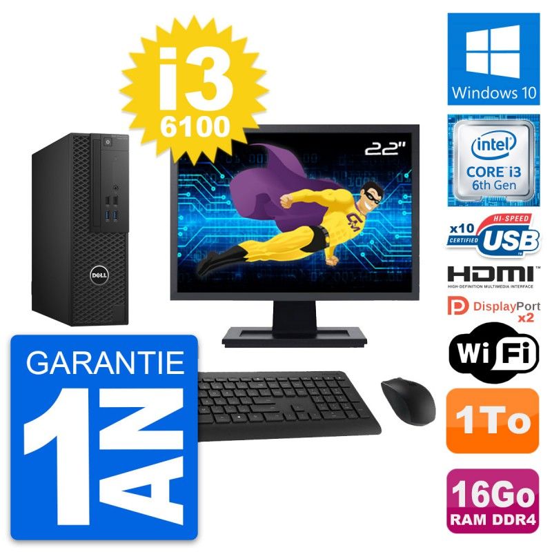 Dell T3420 SFF Desktop Computer | 22" Screen | i3-6100 | 16GB RAM | 1TB Storage | HDMI | WiFi