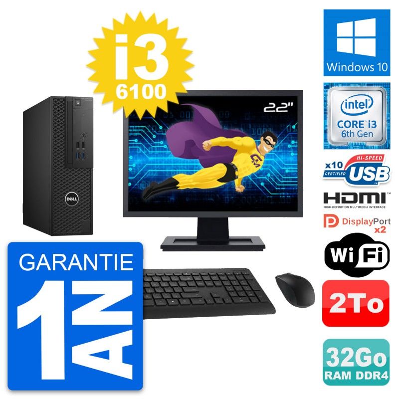 Dell T3420 SFF PC - 22" Screen, i3-6100, 32GB RAM, 2TB HDD, HDMI, WiFi, Windows 10