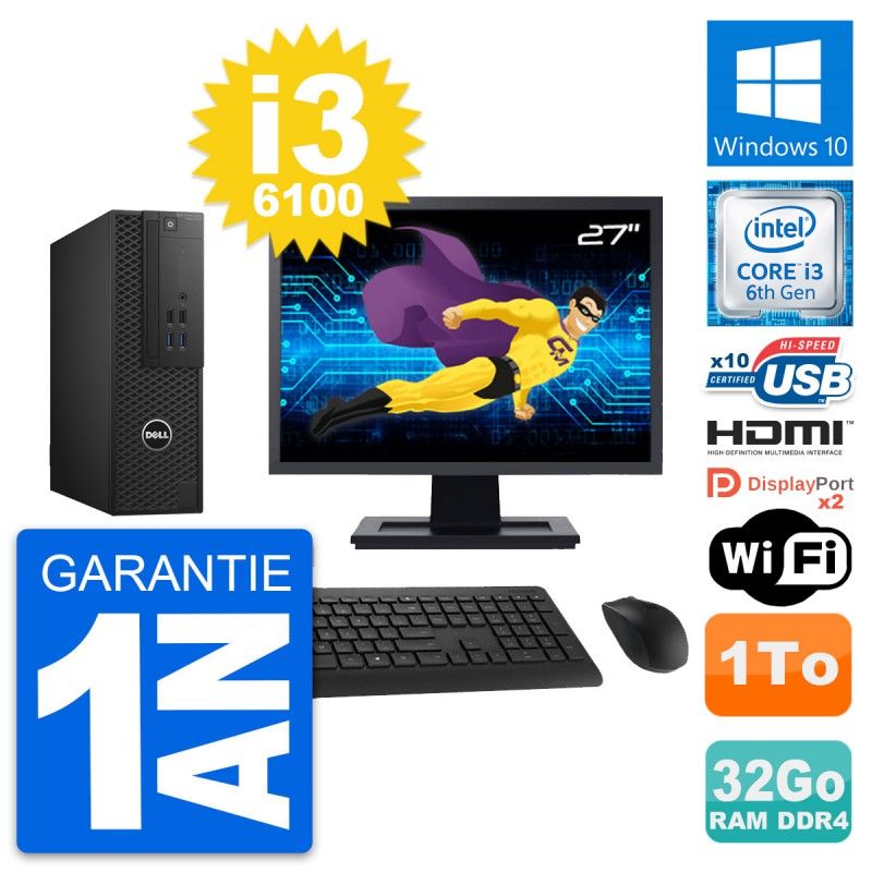 Dell T3420 SFF Desktop Computer - 27" Screen, i3-6100, 32GB RAM, 1TB HDD, HDMI, WiFi
