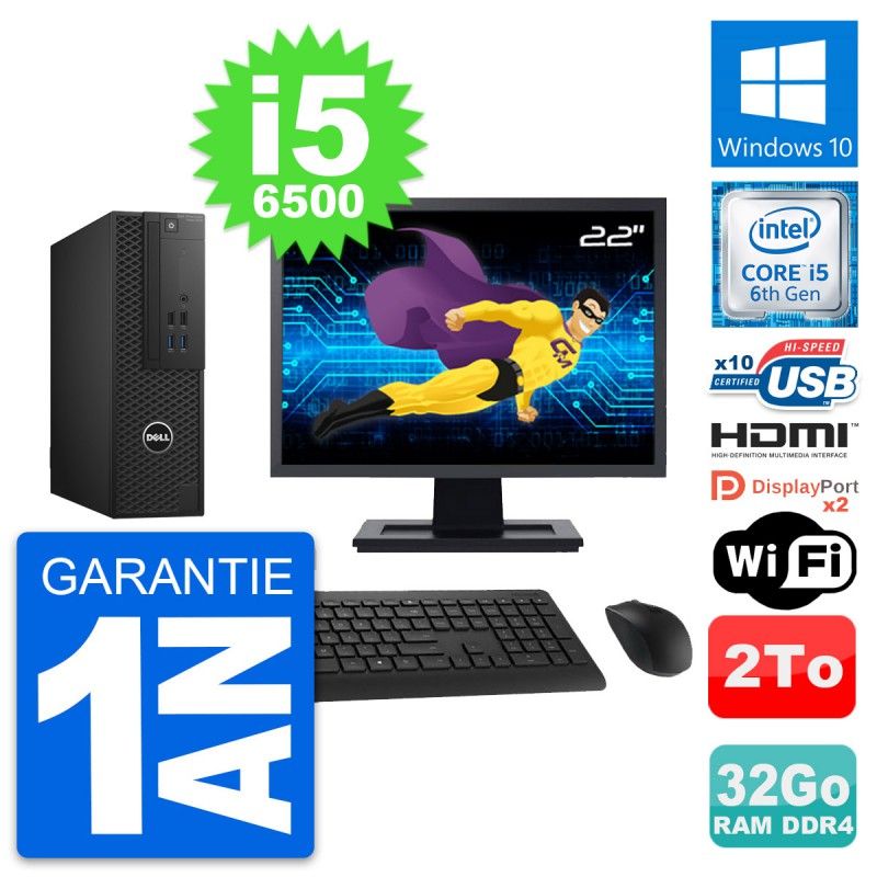 Dell T3420 SFF Desktop Computer - 22" Screen, i5-6500, 32GB RAM, 2TB HDD, HDMI, Wi-Fi